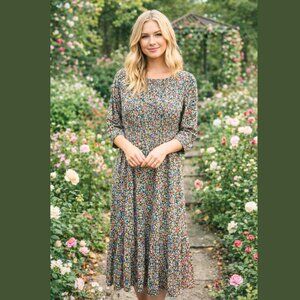 Old Navy XL Prairie Floral Dress With Smocking Long Sleeve Long Length